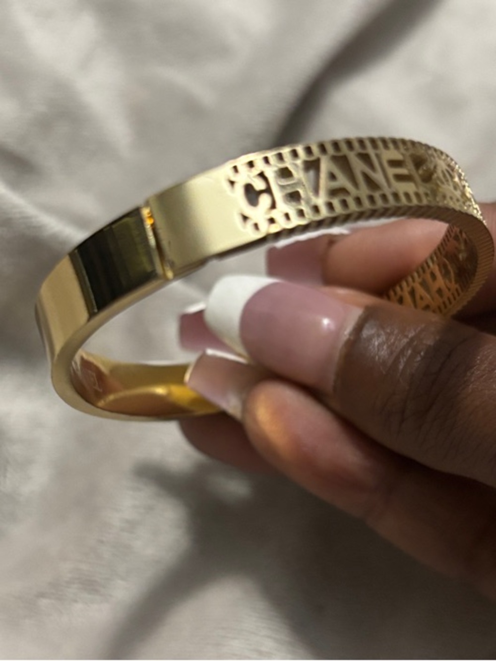 CHANEL Inspires Gold-Tone Cutout Logo Bangle Bracelet - Picture 4 of 5